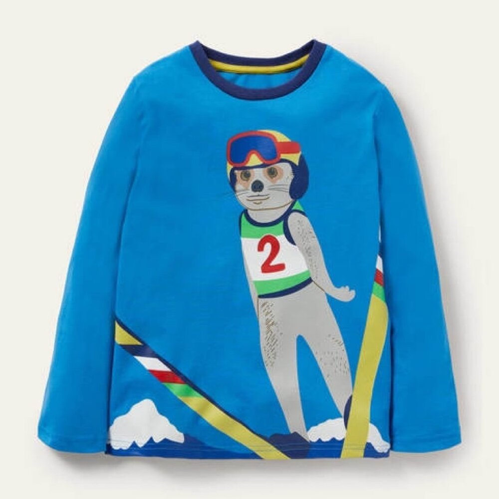 NEW MINI BODEN BOY SNOW SKIING SKI JUMP MEERKAT PRINT LONG SLEEVE SHIRT SIZE 8 9